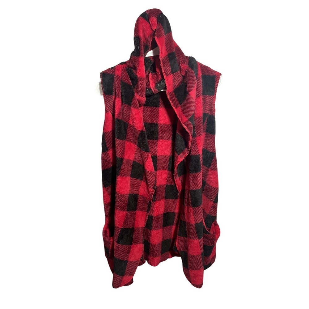 Jolt Women's XL Red Black Buffalo Plaid Faux Fur‎ Hooded Open Front Vest Pockets